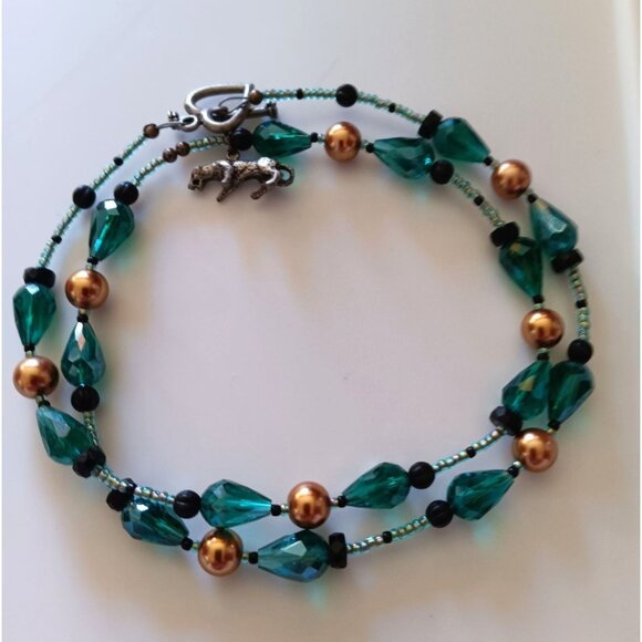 Handcrafted Beaded Necklace With Teal Glass Beads Gold Accents & Panther Charm - Picture 6 of 6